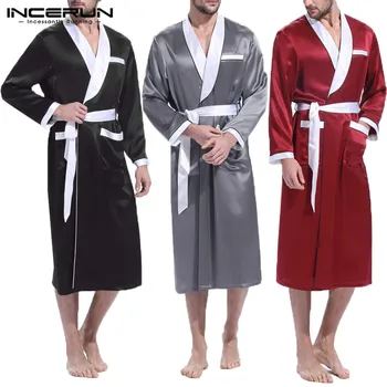 

INCERUN Men Bathrobes Patchwork Long Sleeve Comfort Kimono V Neck Sleepwear Robes Dressing Gown Soft Mens Nightgown With Belt