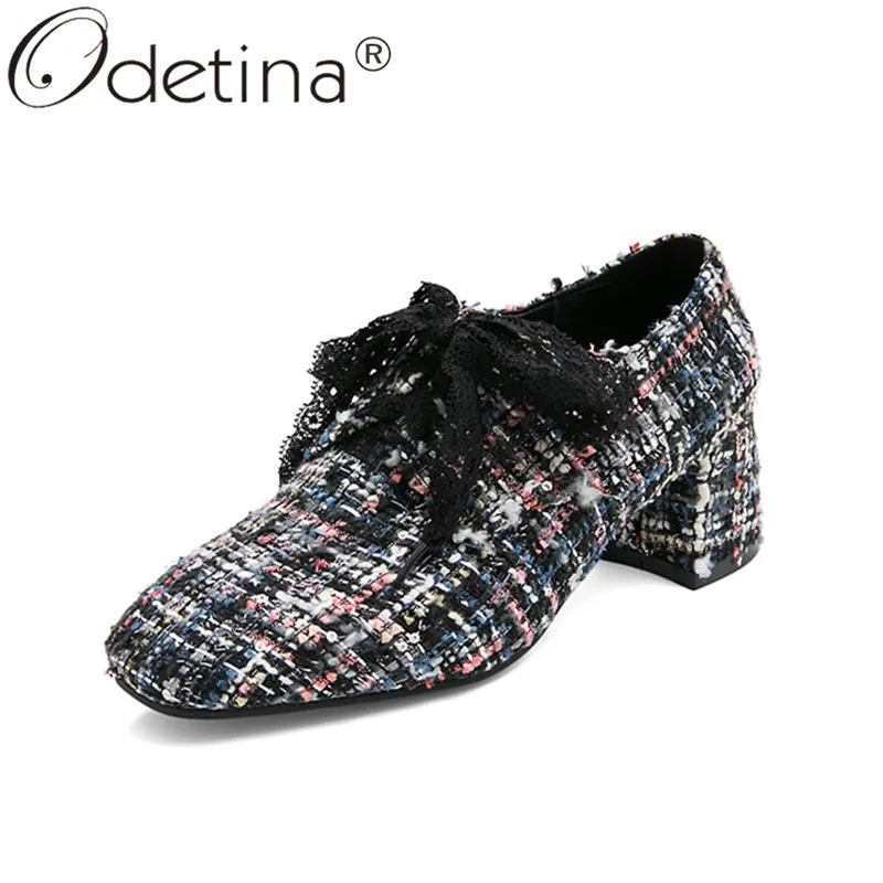 

Odetina Women Fashion Lace Up Lace Square Toe Casual Shoes Lady Retro Block Mid Heel Cross-tied Plaid Costume Tweed Party Shoes