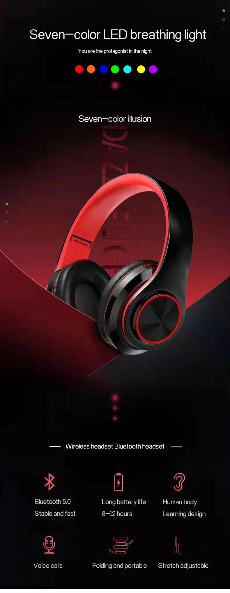 Caridite Hot Sale B3 Bluetooth Headphone Mobile Phone Wireless LED Light Headband Foldable Headset Handsfree Headphone with Mic