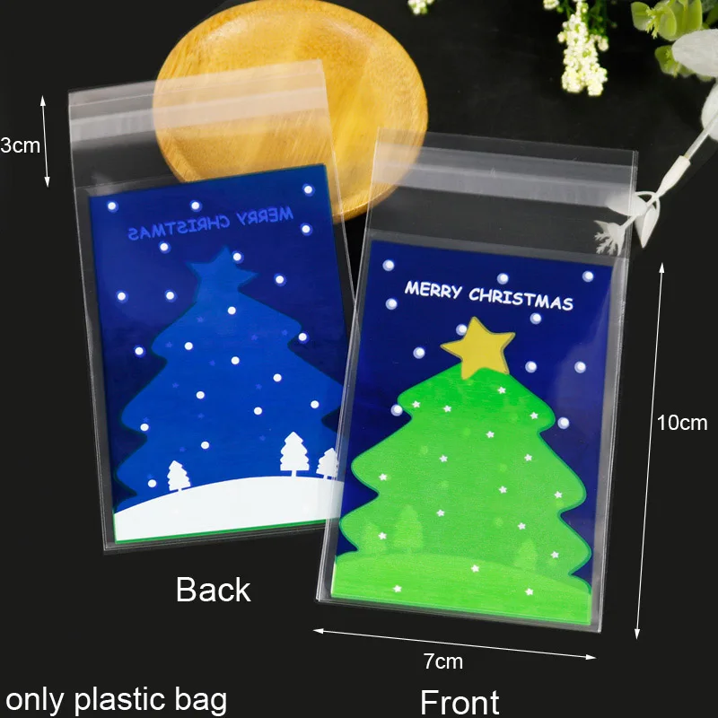 100 шт Счастливого Рождества Самоклеющиеся пластиковые пакеты для печенья конфеты мешки Санта-Клаус Снеговик пластиковые подарочные пакеты 10x10+ 3 см - Цвет: 7x10cm Tree Blue