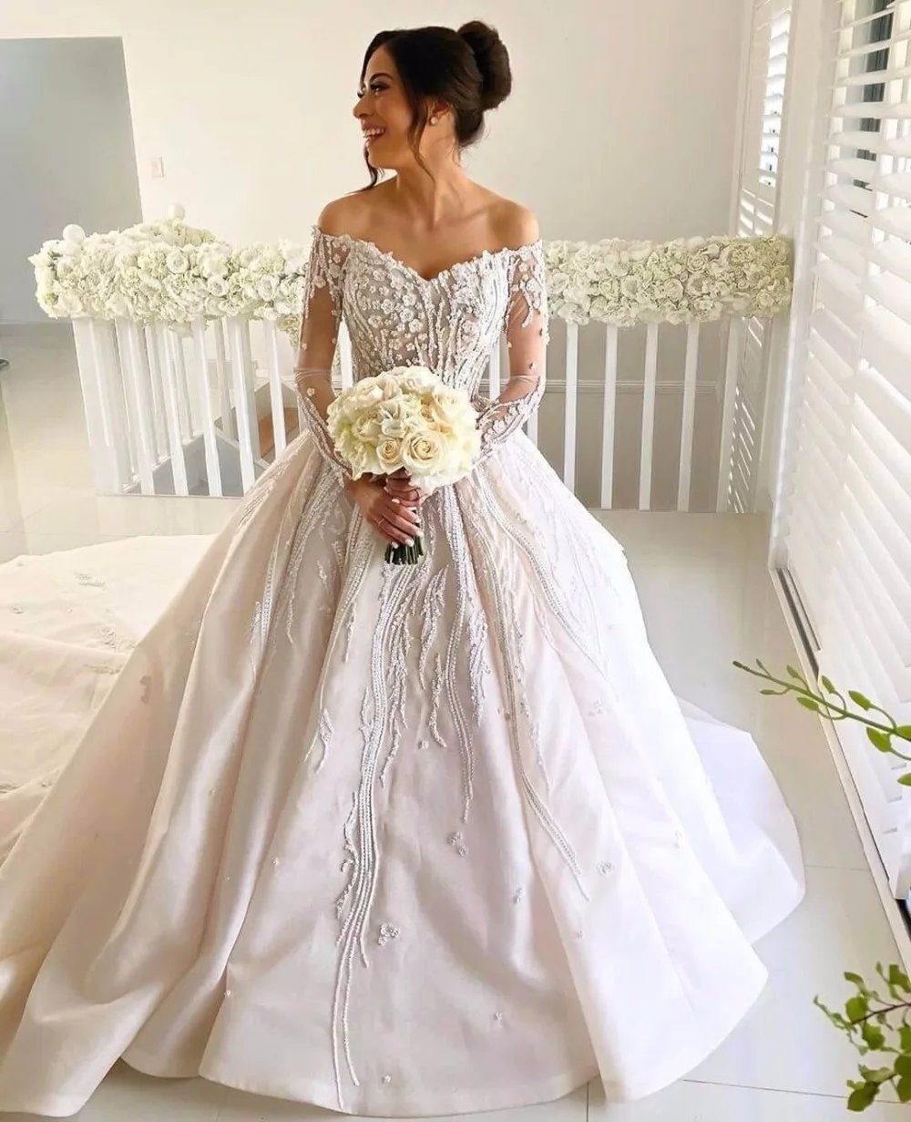 Vestidos De Novia сексуальный вырез «сердечко» бальное платье свадебное платье роскошное Бисероплетение с длинными рукавами свадебное платье для роста невесты