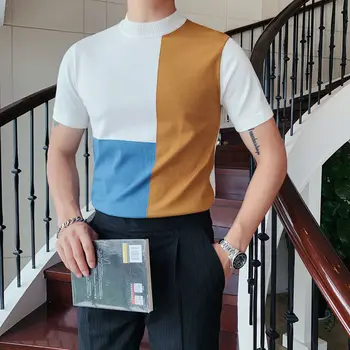 

British Casual Contrast Color Men Tshirt Designer Fashionable Tshirt Autumn Half Turtleneck Camiseta Slim Fit Tee Shirt Homme