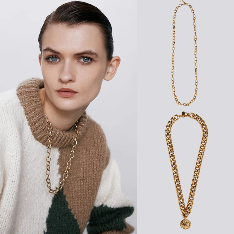 

2020 ZA Newly Trendy Metal Chian Necklace For Women Party Gold Color Necklace Jewelty Girl Gift Statement Necklace Hot Sale