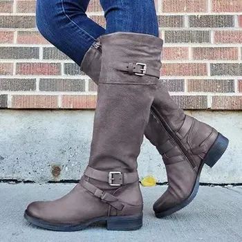 

Women High Boots Knee Gladiator Low Heels Autumn Pu Leather Winter Plus Size Shoes Booties Vintage Shoe Mujer