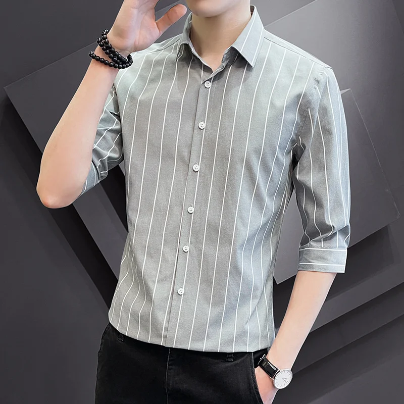 

2021 New Striped Shirt Men's Short Sleeve Seven Point Shirt Coat Spring And Summer Business Slim Casual Men's Wear