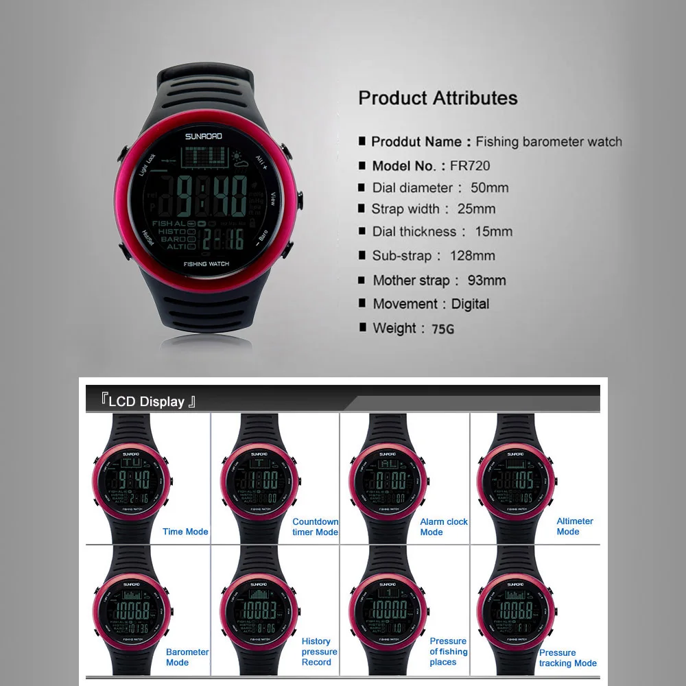 FR720 Digital Pedometer Sport Barometer Watch Fishing Altimeter Thermometer Weather Forecast Multifunctional Fishing Watch