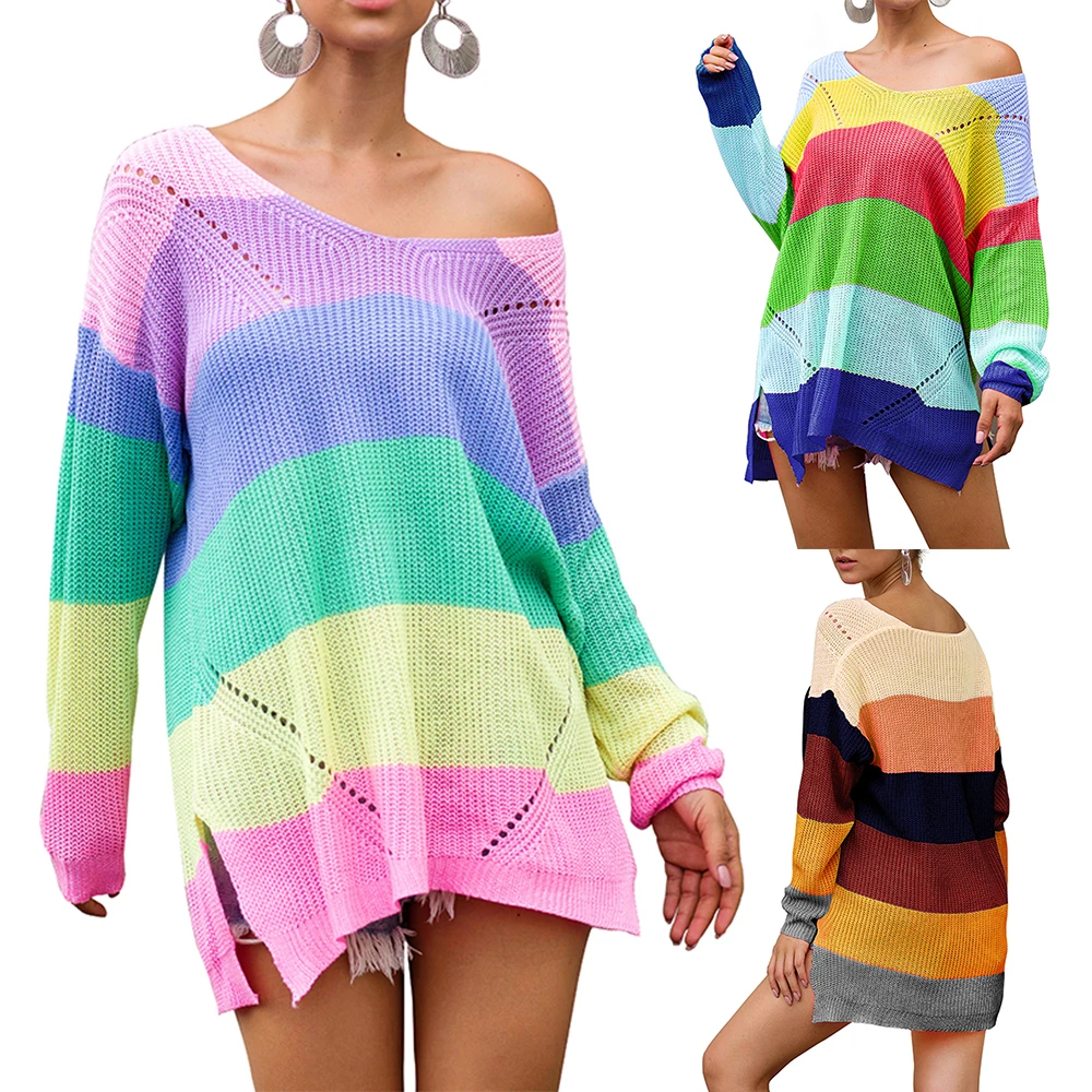 

Modish Pullover Knitted Sweater Women Streetwear V Neck Multicolor Striped Pacthwork Pullovers Sweater Winter Slit Loose Sweater