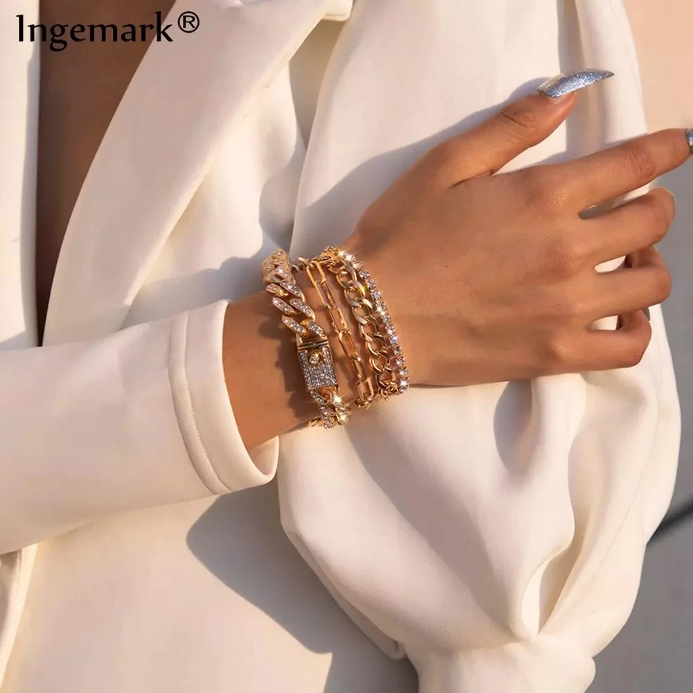 4Pcs/Set Luxury Shiny Rhinestone Bracelets Set Bangle Women Men Adjustable Clear Crystal Chunky Link Charm Bracelet Hand Jewelry