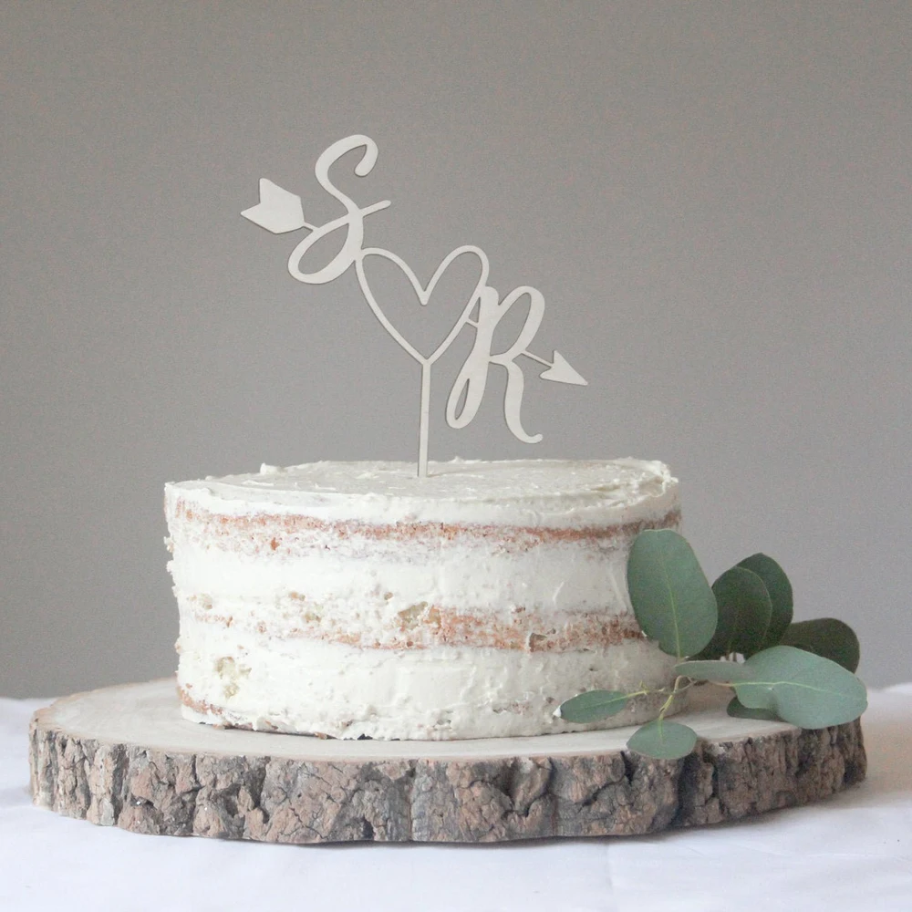 Custom Initials name Wooden cake Topper,Arrow And Heart Wedding Cake Topper, Personalised Arrow Cake Topper,Love Heart Wedding 1