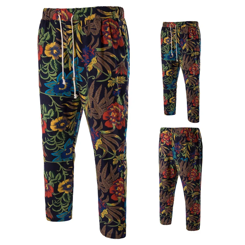 

Supply of Goods Slim Fit Casual Japanese-style 9 Pants Flower Cotton Linen Capri Pants Men's Fashion Plus-sized
