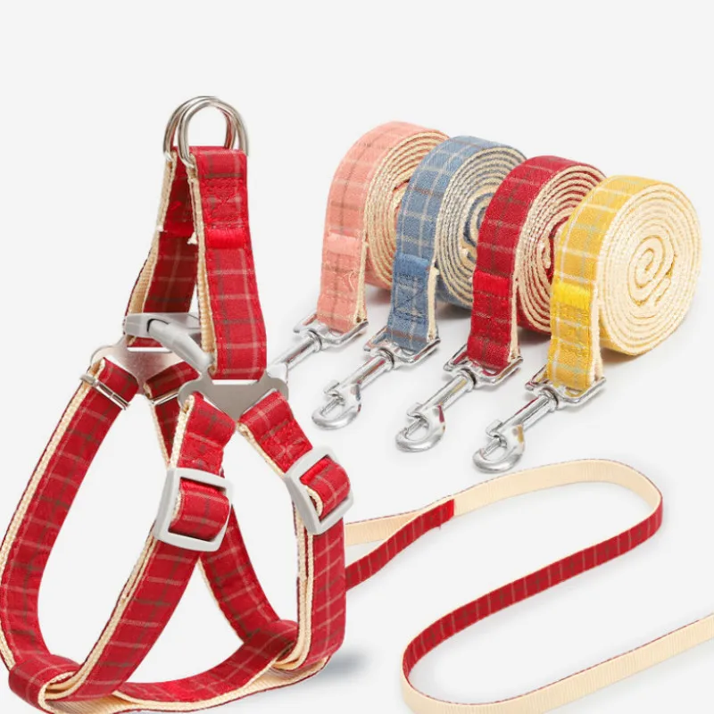 Pet Supplies Dog Harness Dog Leash Set I-Shaped Chest Strap Pet Lattice Imitation Nylon Harnesses Bust Adjustment Buckle Design