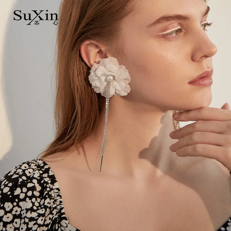SuXin серьги 2020 Новые простые белые с цветами и бахромой для женщин Длинные циркон