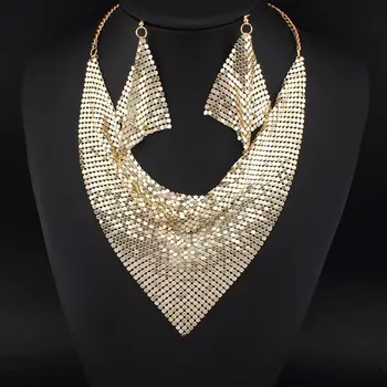

LZHLQ Africa Style Necklace & Eerrings Metal Mesh Necklace Chain Maxi Jewelry Shiny Sequins Body Jewelry