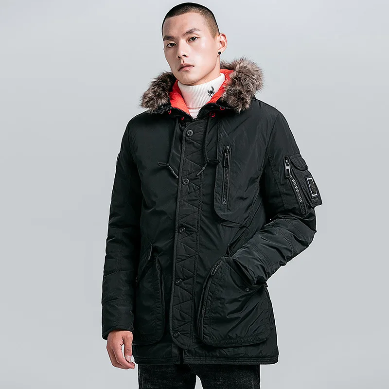 

European and American style long solid color warm men's cotton hooded big fur collar cold thick fashion cotton men