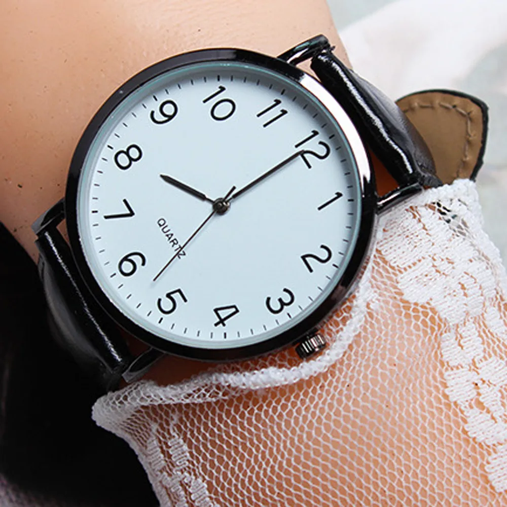 Унисекс простые бизнес модные кожаные кварцевые наручные часы с большим циферблатом с четким номером лучший подарок для мужчин#0729