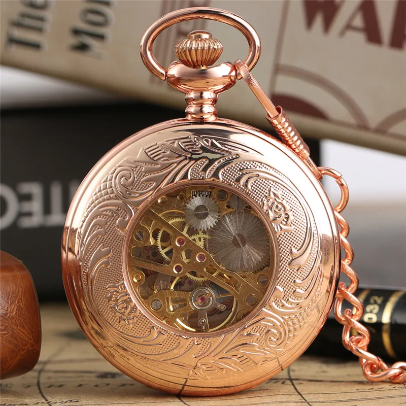 Antique Rose Gold Men Women Skeleton Mechanical Hand Wind Pocket Watch FOB Pendant Chain Roman Number Dial Relgio de bolso Gift