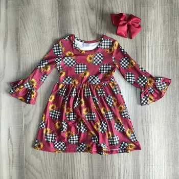 

children girls clothes kids Halloween plaid pumpkin dress girls fall wine red dress with bow