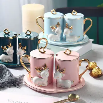 

Yilu has you Mug lovers cup a pair of creative ceramic cups with lid spoon wedding birthday gift high grade