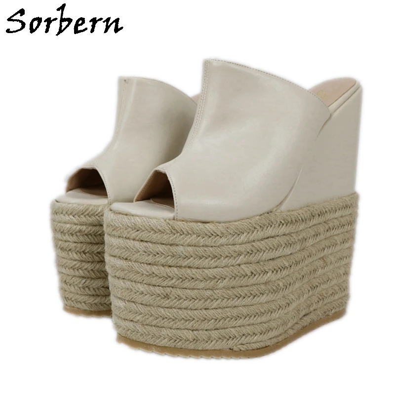 Sorbern Cream Women Sandals Slip On Rope Platform Wedges High Heel Open