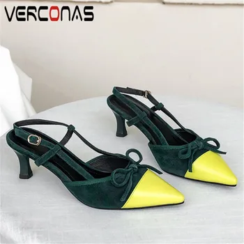 

VERCONAS Sweet Woman Sandals Woman Pumps New Arrival Summer Genuine Leather Butterfly-Knot Pointed Toe Thin Heeled Shoes Woman