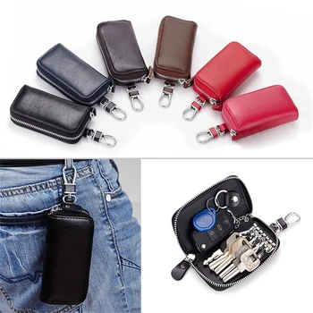 

Men Women Car Key Holder Wallets Cow Leather Housekeeper Card Zipper Case Keys Organizer Money Bag FS99