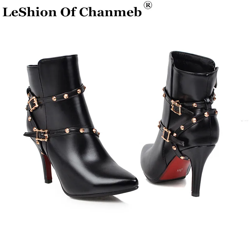 

Female Punk Rock Rivets Studded Boots for Women Buckle Strap Dress Shoes Ladies Pointed Toe Thin High Heeled Ankle Boots Booties