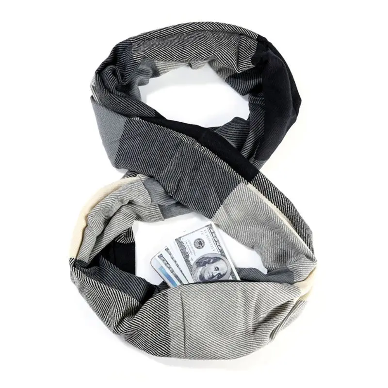 Женский мужской зимний кашемировый клетчатый шарф с потайным карманом на молнии