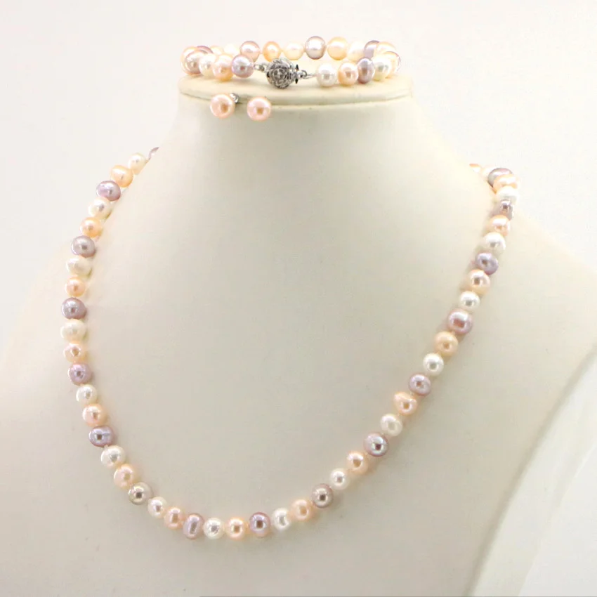 WUBIANLU 4 colors 7-8mm Pink Pearl Necklace Bracelet Earring Sets Women Jewelry Making Design Fashion Style Girl Gift Wholesale (23)