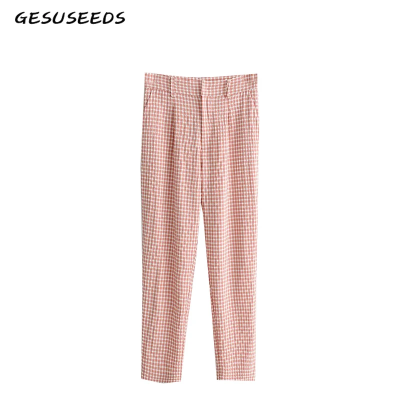 pink and white plaid pants