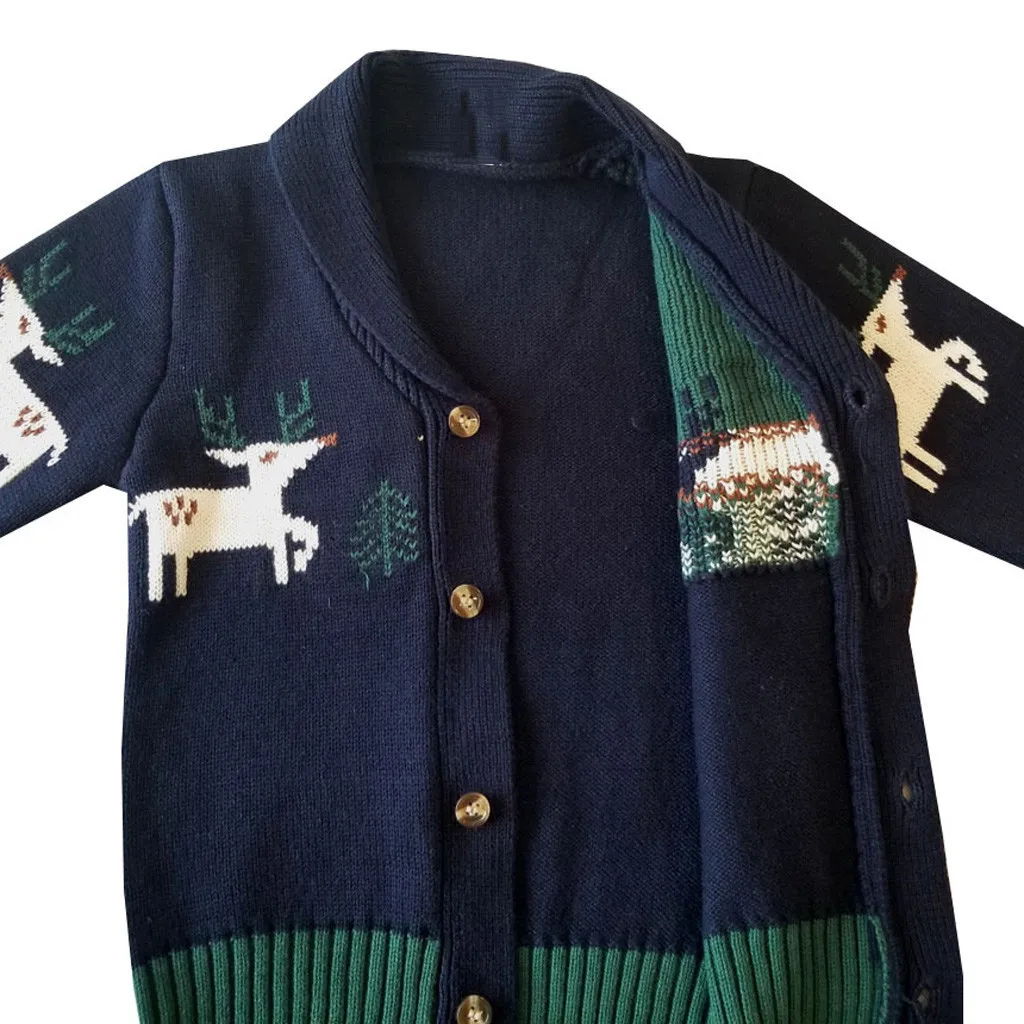 Toddler Unisex Baby Button-up Coat Deer Christmas Cardigan Sweater Navy Kids Vest Polyester Long sleeve little baby Coat#U