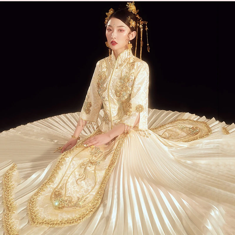 Чампанж Королевский Qipao для женщин полный длина костюм Тан одежда за рубежом китайский вечернее платье вышивка цветок длинное платье