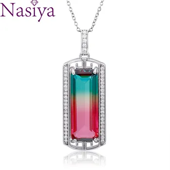 

Silver Pendant Necklace Large Rectangular 10 * 26MM Rainbow Color Tourmaline Zircon Pendant Necklace Party Anniversary Gift