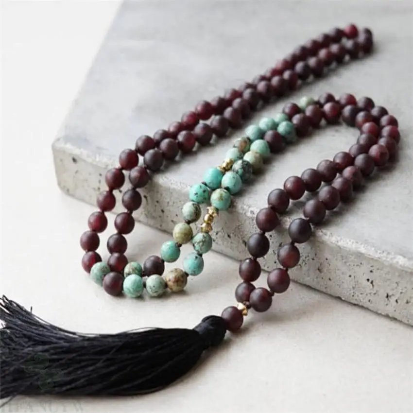 

8mm African Turquoise garnet Gemstone Mala necklace Tassel Wristband Unisex Lucky Buddhism Wrist Veins Tassel yoga Reiki Bless