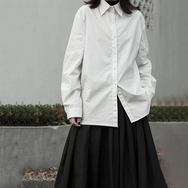 [EAM] Women White Cotton Temperament Blouse New Lapel Long Sleeve Loose Fit Shirt Fashion Tide Spring Autumn 1K492 - Цвет: white