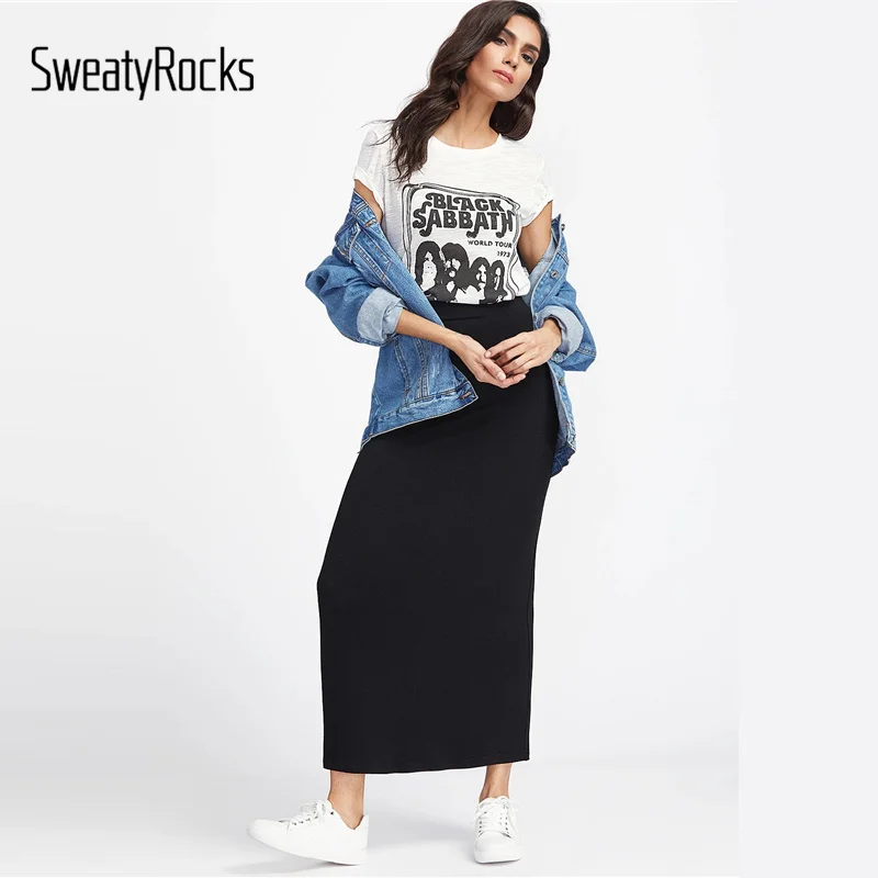 SweatyRocks черная длинная трикотажная юбка с эластичной резинкой на талии уличная облегающая макси юбки Женские однотонные повседневные Прямые юбки