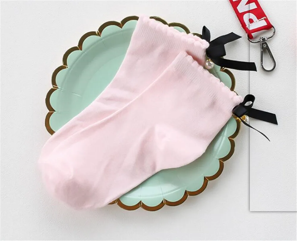 pink Женские короткие носки в стиле Лолиты с японским жемчугом и лентами B430 - Цвет: pink