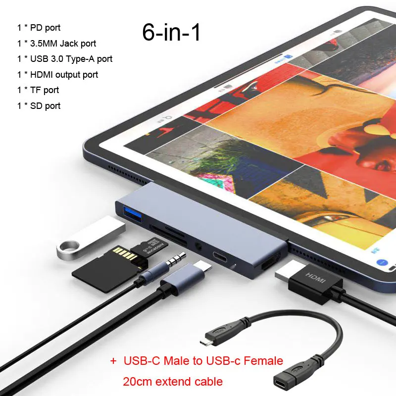 T108 Gray add cable Mosible USB C концентратор HDMI адаптер с USB-C PD TF SD USB 3,0 3,5 мм разъем порт usb type C док-станция для iPad Pro Macbook Pro/Air - Цвет: T108 Gray add cable