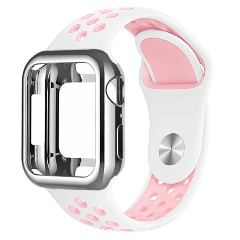Силиконовый спортивный ремешок для часов+ чехол относится к apple watch 5 4 3 2 1 серии 38 мм/42 мм, ремешок для наручных часов iwatch, 40 мм 44 браслет наручные аксессуары - Цвет ремешка: White flour