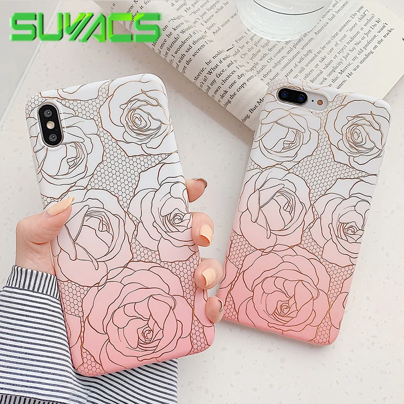 

SUYACS Romantic Electroplated Floral Phone Case For iPhone 7 8 Plus XR XS Max 6 6S X Artistic Line Soft IMD Phone Housing Bag