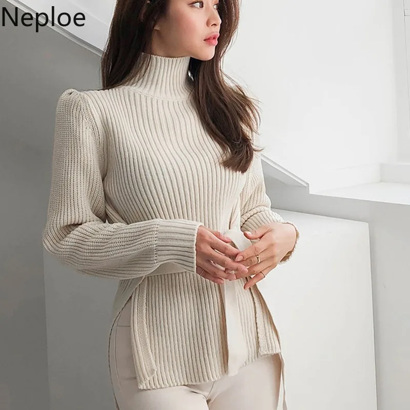 Neploe/осень-зима, Женский однотонный водолазка, пояс с высокой талией, свитер, мягкий вязаный, с пышными рукавами, с разрезом по бокам, элегантные топы, свитера, 46282