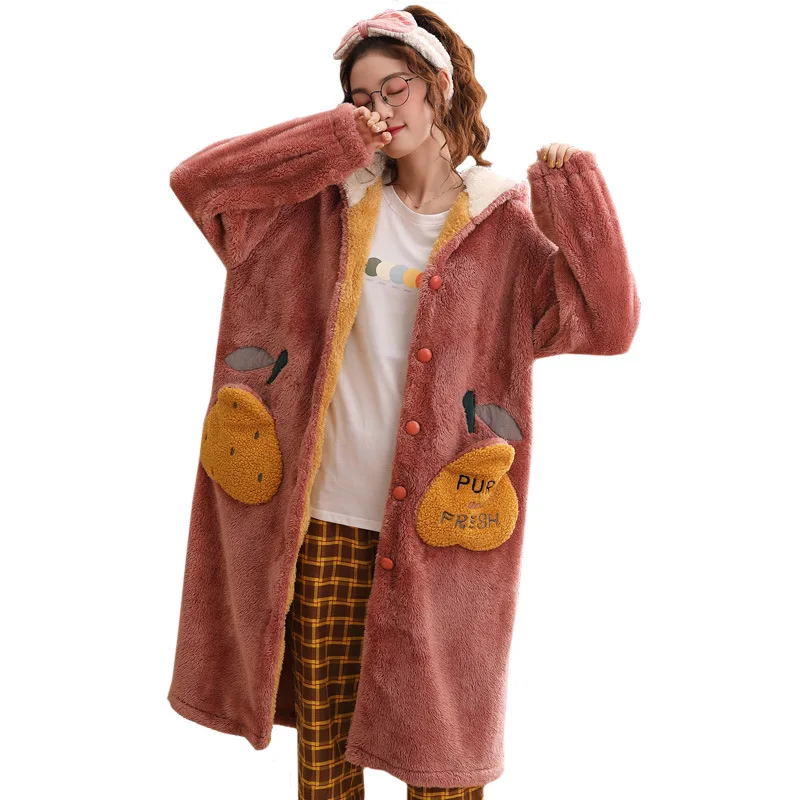 Осень и зима утолщение большой размер милые фланелевые пижамы женские зимние длинные с капюшоном Открытый Пряжка домашний банный Халат