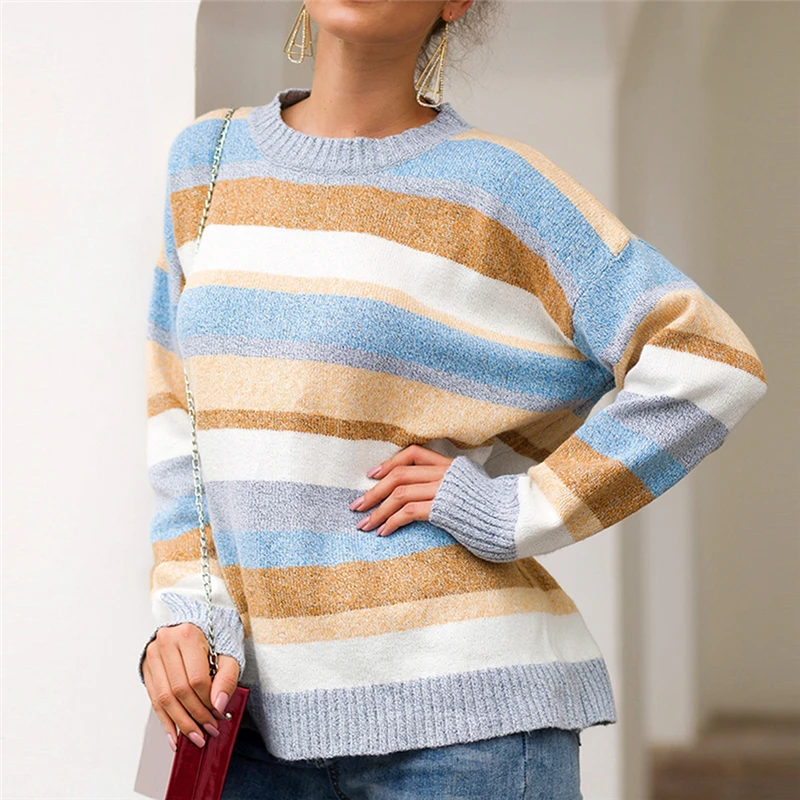 Winter Sweater Women Causal Long Sleeve Outerwear Autumn Loose Pullover Top Fashion Colorful Striped Jumpers Sweaters | Женская одежда