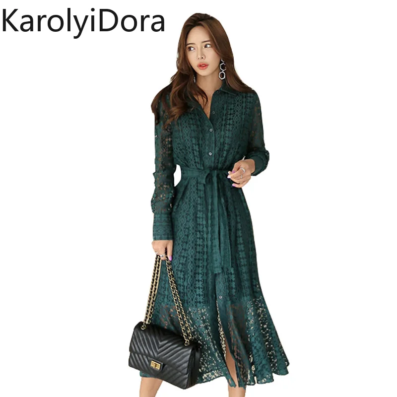

2020Spring Hollow-out Lace Women Dress with Belt Single Breasted Elegant Mermaid Female Dress Full Sleeve Autumn Vestidos femme