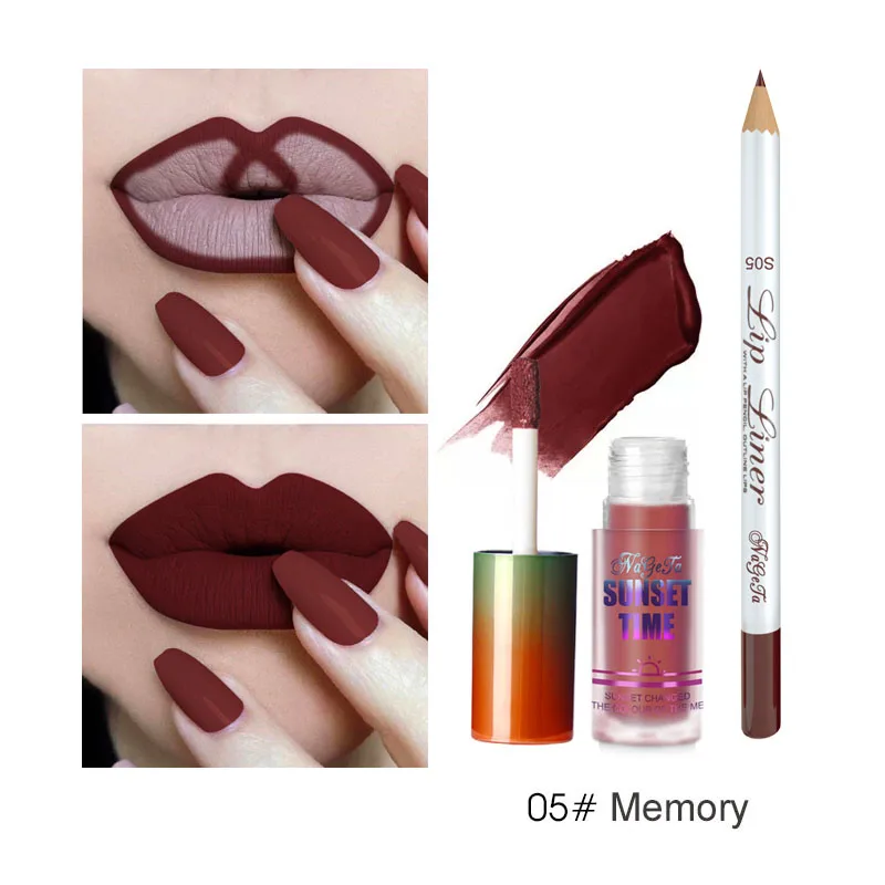 5 Sexy Matte Lipstick Liquid Sets Moisturizer Velvet Lipgloss Lip Liner Kits Waterproof Red Purple Lip Gloss Makeup 2pcs - Цвет: 5