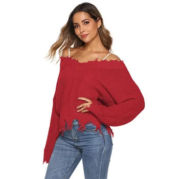 

Girl New V-neck Fashion Long-sleeved Solid Color Sweater Irregular Hem Loose Tassel Sweater Red 2XL