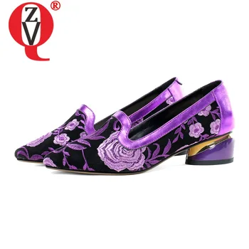 

ZVQ brand leather embroidered shoes fashion autumn spring high heels women's shoes pointed toe woman pumps party wedding shoes