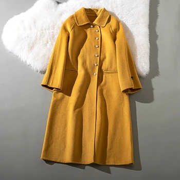 

Discount Cheapest Price Chinese Style Wool Long Coat Women Fashion Solid Turn Down Collar Winter Warm Coats Pink Yellow Coats