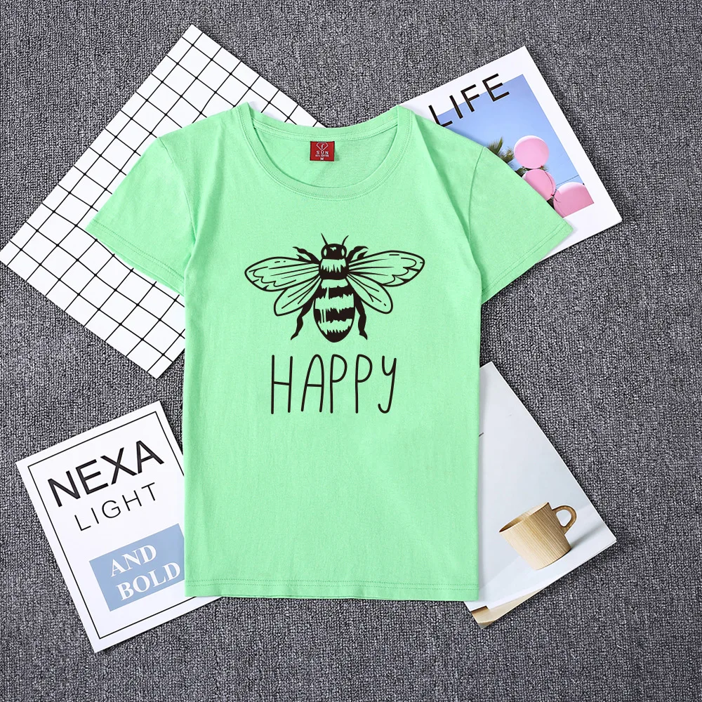 Высококачественная женская футболка с принтом Happy Bees, хлопковые повседневные футболки, большие размеры 190 кг, женские топы с короткими рукавами, 16 цветов