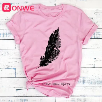 2021 Women Casual Harajuku Fashion T shirt Feather Print Loose O neck Short Sleeve Elastic