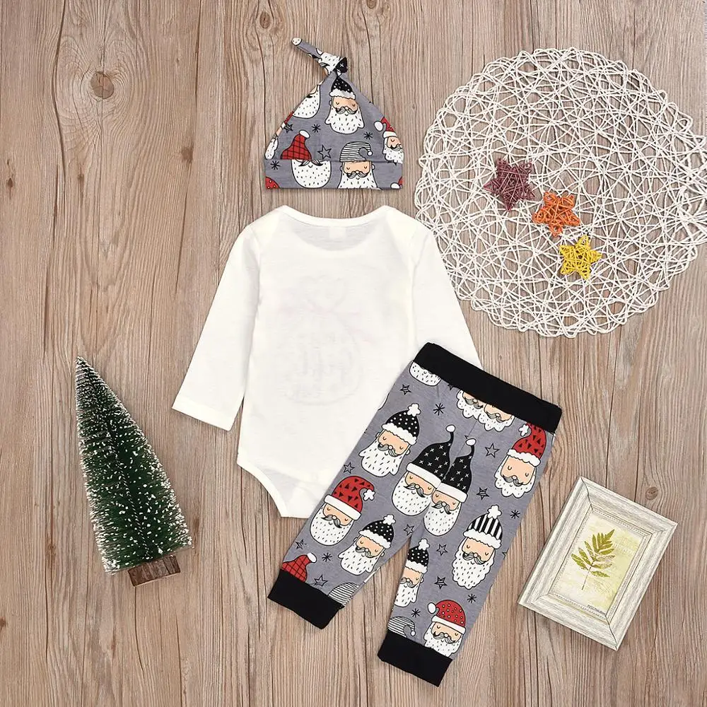 Newborn Kid Baby Boy Girl Clothes Set Letter Print Long Sleeve Romper+Pant+Hat 3Pcs Christmas Xmas Clothing Set